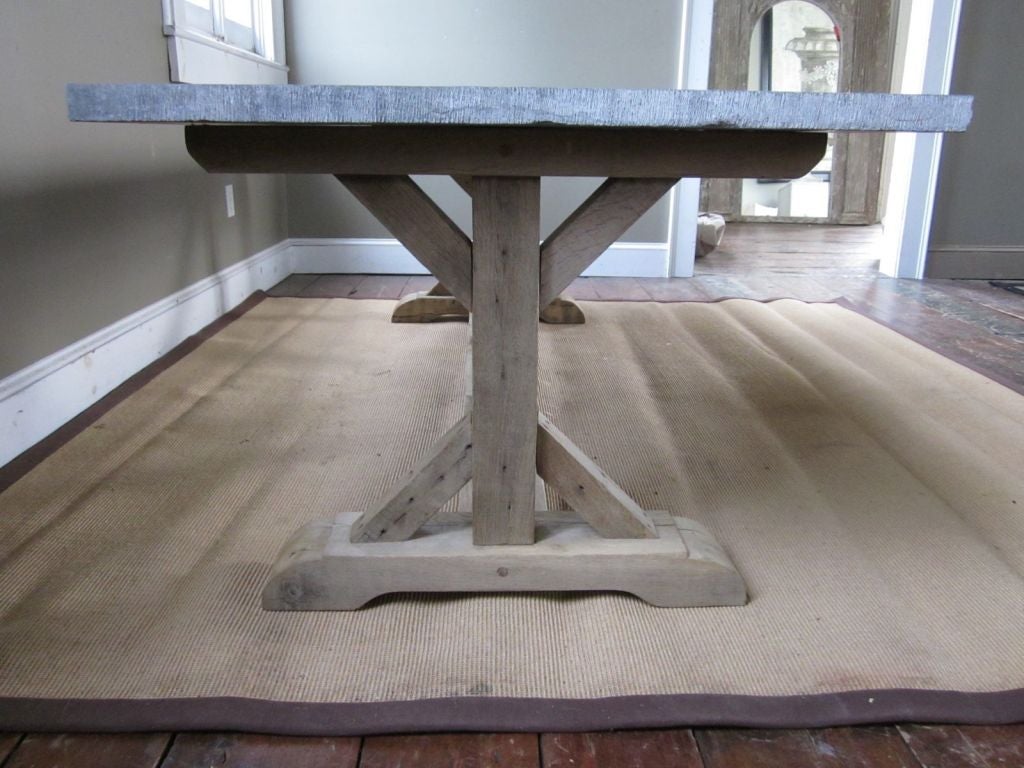 Bleached Bluestone Top Trestle Base Farm Table, Belgium, 19th Century Base, Modern Top