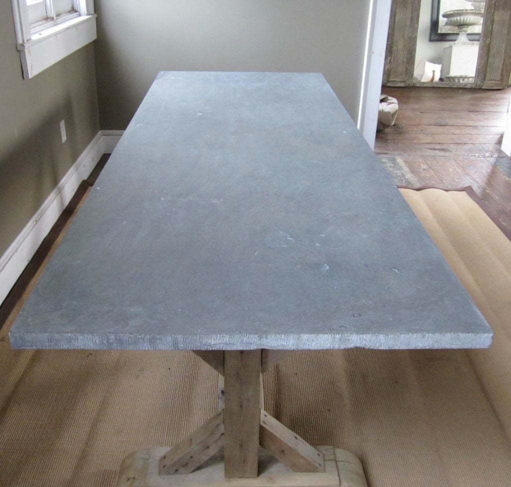 Bluestone Top Trestle Base Farm Table, Belgium, 19th Century Base, Modern Top In Excellent Condition In New York, NY