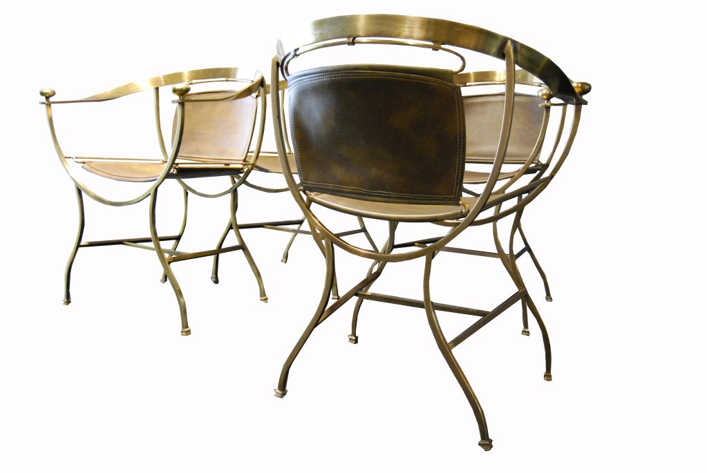 Late 20th Century BRASS AND DARK GREEN LEATHER CHAIRS