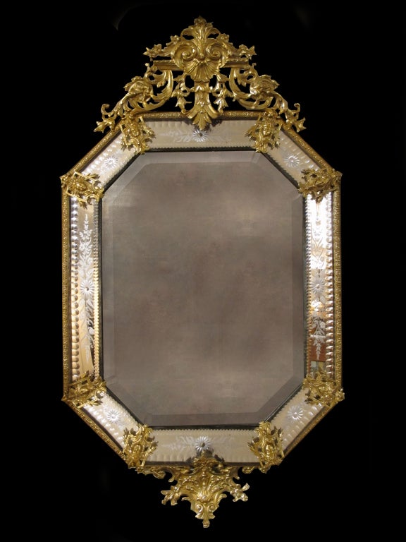 Baroque Lavish Ornamented Metal and Etched Glass Mirror, Continental 20th C