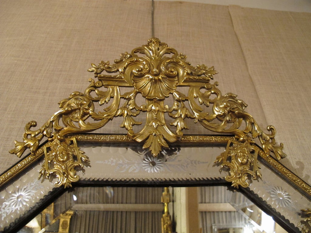 Lavish Ornamented Metal and Etched Glass Mirror, Continental 20th C In Excellent Condition In New York, NY