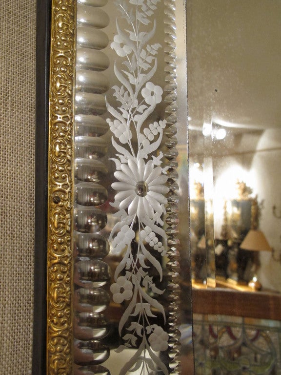 19th Century Lavish Ornamented Metal and Etched Glass Mirror, Continental 20th C