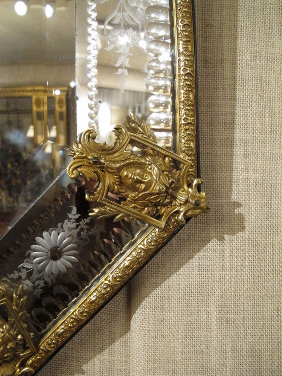 Lavish Ornamented Metal and Etched Glass Mirror, Continental 20th C 1