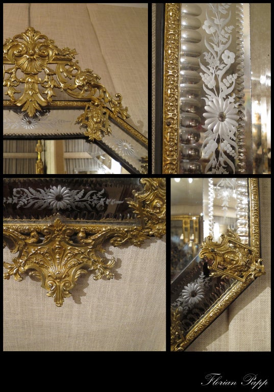 Lavish Ornamented Metal and Etched Glass Mirror, Continental 20th C 3