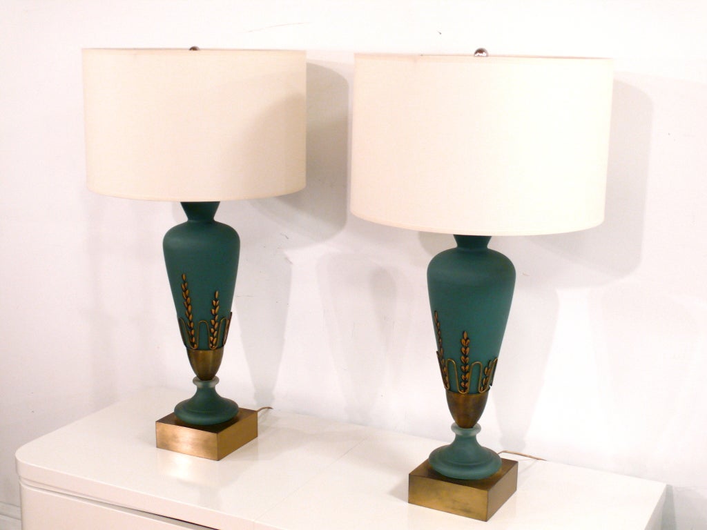 Mid-Century Modern Pair of Blue Glass Lamps