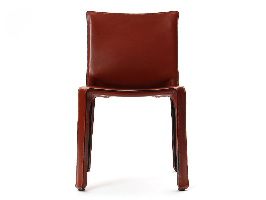 Mid-Century Modern 1970s Italian Cab Side Chair in Orange Red Leather by Mario Bellini for Cassina