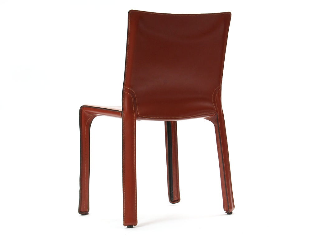 1970s Italian Cab Side Chair in Orange Red Leather by Mario Bellini for Cassina 1