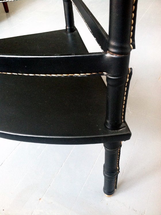 Mid-20th Century Leather wrapped and stitched corner shelf brass table