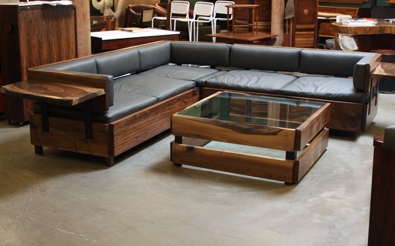 Custom live edge Walnut and gray leather sectional by Thomas Hayes Studio 3