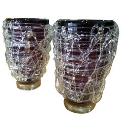 Whimsical Italian Pair Of Vintage Amethyst Murano Glass Vases