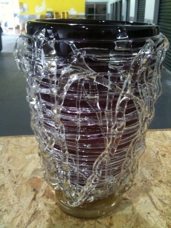 Whimsical Italian Pair Of Vintage Amethyst Murano Glass Vases
