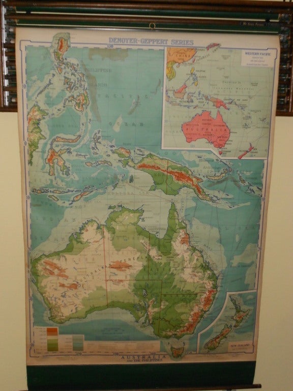 Mid-20th Century Set of Nine Early School Maps on Rollers in oak case