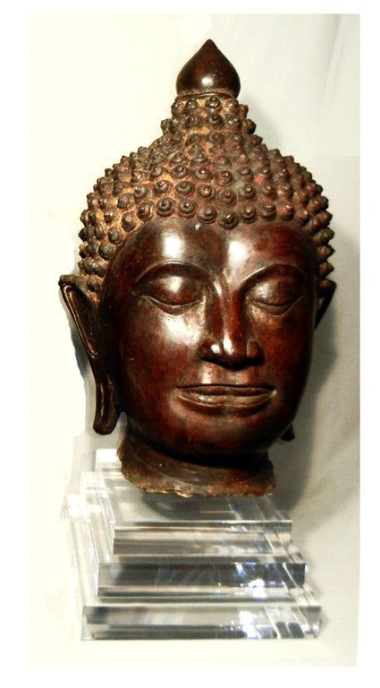 Pair of Massive Antique Bronze Buddha Head Thai Lana Kingdom In Good Condition In Atlanta, GA