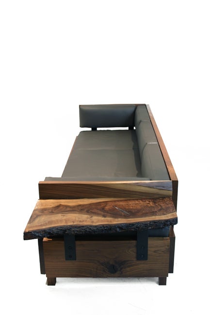 American Custom Thomas Hayes Studio live edge solid Walnut and gray leather sofa