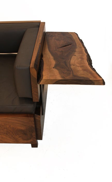 Custom Thomas Hayes Studio live edge solid Walnut and gray leather sofa 1