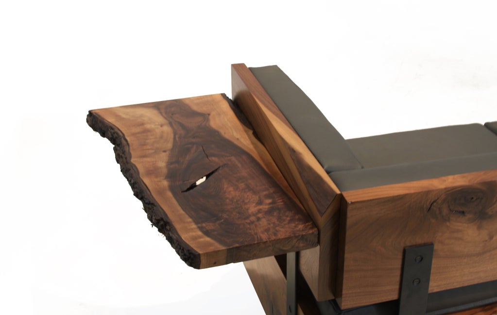 Custom Thomas Hayes Studio live edge solid Walnut and gray leather sofa 2