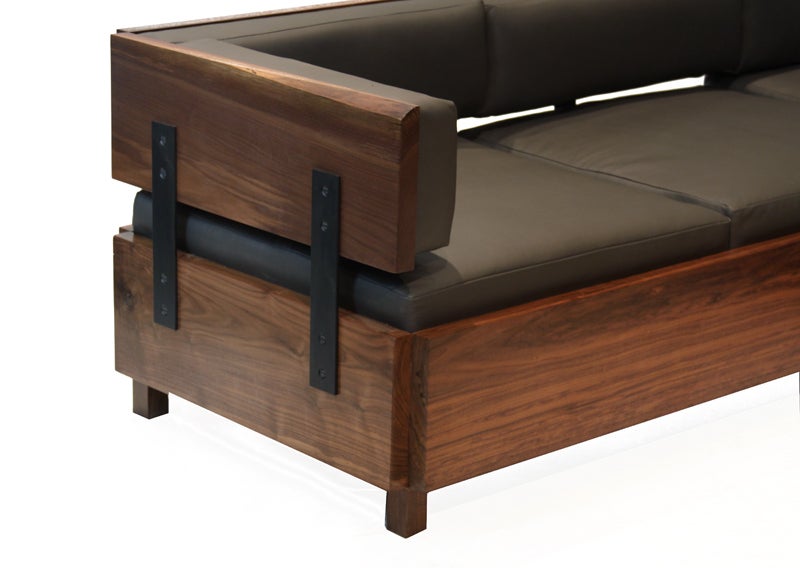 Custom Thomas Hayes Studio live edge solid Walnut and gray leather sofa 3