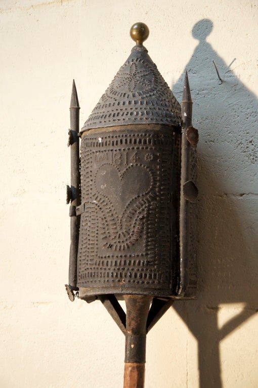 19th c. French tole processional lantern from Pays Basque (south west of France). Detailed cutwork on tole (heart, basque cross ). One door opens to access interior.