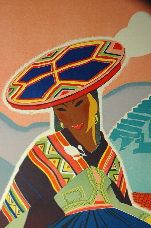 This original travel poster for Cusco, the capital of the Inca Empire and the gateway to Machu Picchu, features a young woman in traditional dress.  If you look closely, you see that she is spinning yarn, a subtle reference to the areas rich textile