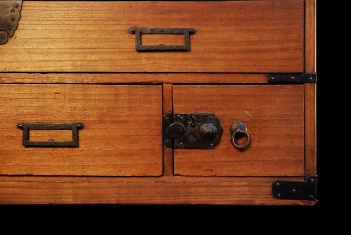 Kiri wood chest for sword storage with iron hardware distinctive to the Nagoya area.
