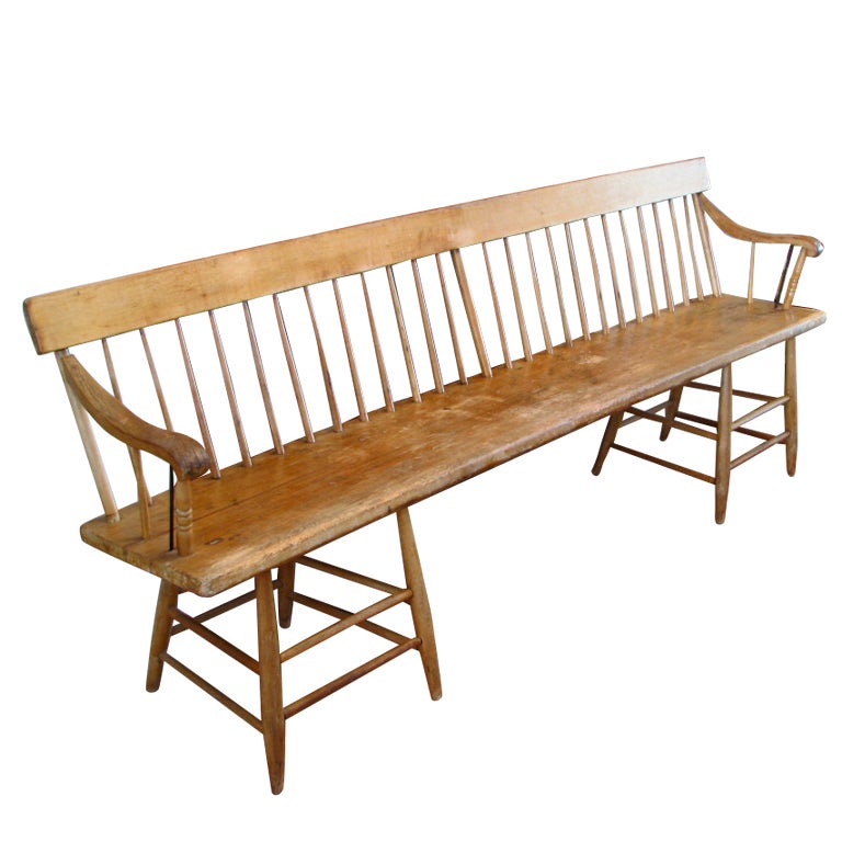 Ash, seven foot long peg construction Windsor Bench with single plank bench, individually turned chair backs and hand carved arm rests. Primitive and elegant. Beautiful color and traditional form.

tyler@heirantiques.com
specializing in folk art,