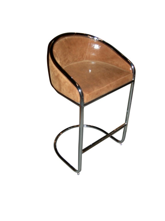 Mid-century cantilevered bar stools by Milo Baughman, covered in Italian whiskey colored embossed calf leather.