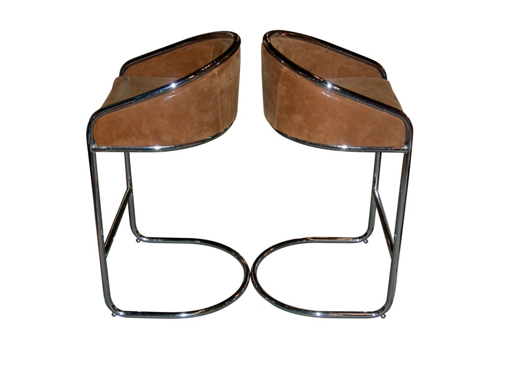 Cantilevered Bar Stools in Embossed Leather - Milo Baughman 3