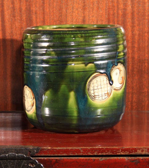 Japanese Oribe Green Glazed Stoneware Te-bachi Planter
