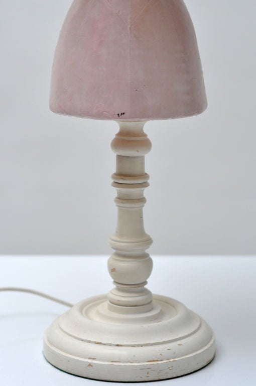 WONDERFUL HEAVY PLASTER - DRESSMAKER'S MANNEQUIN SHAPED TABLE LAMP.  PINK PLASTER ON WOOD TURNED PEDESTAL BASE.  DUAL SOCKET - REWIRED.  MATCHING ORIGINAL WOOD CARVED FINIAL VISIBLE IN PICTURES WITH SHADE.