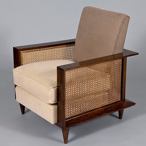 Pair of 1950's Jacaranda Rosewood Arm Chairs with Rattan Sides re-upholstered in Two Tone Cotton/Linen Material.