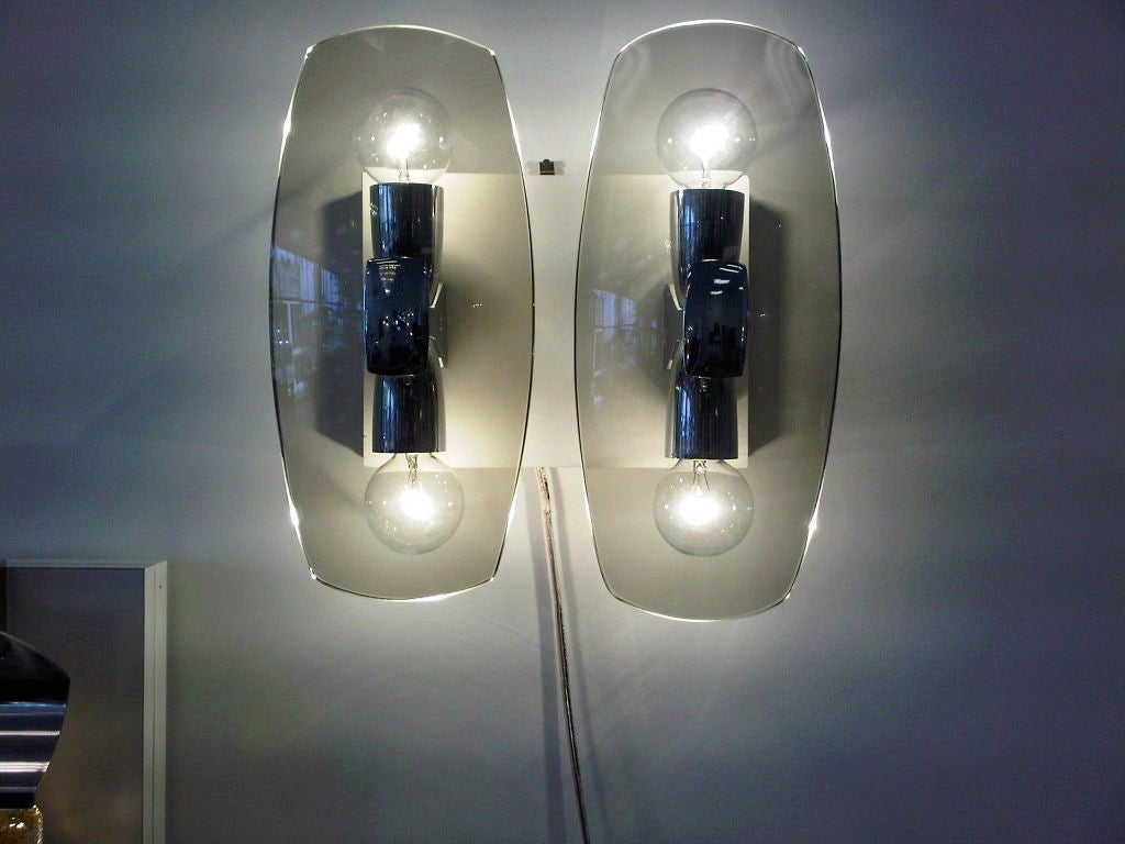 Murano Glass Pair of Italian Chrome & Smoked Glass Sconces For Sale