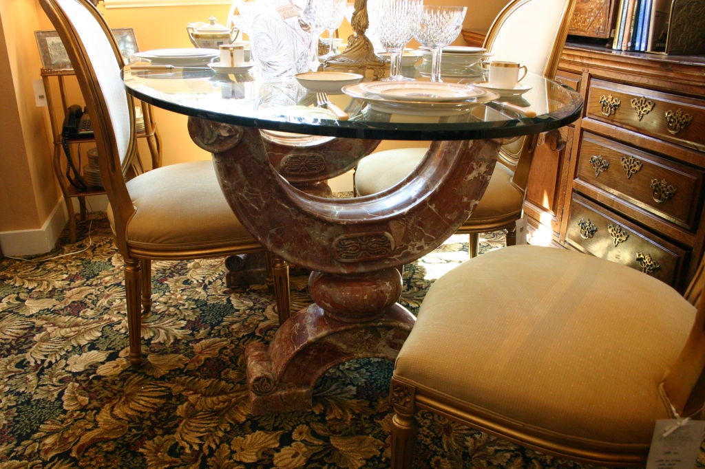 Pair of Chinoiserie marble table pedestals oval glass top.