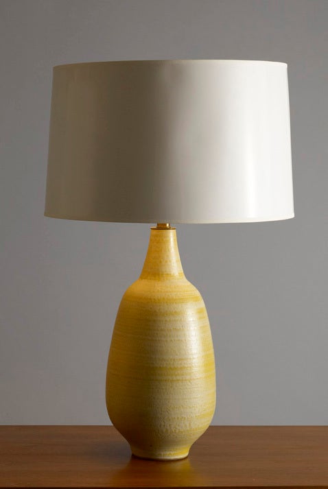 Hand-thrown ceramic table lamp in a soft yellow-green satin glaze from Lee Rosen’s Series 3300 lamps for Design-Technics.