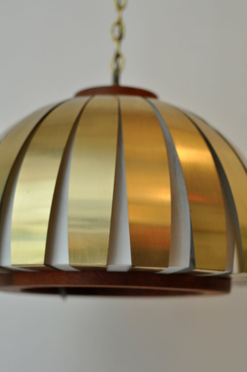 Mid-20th Century Lightolier Brass Strips and Metal Hanging Light