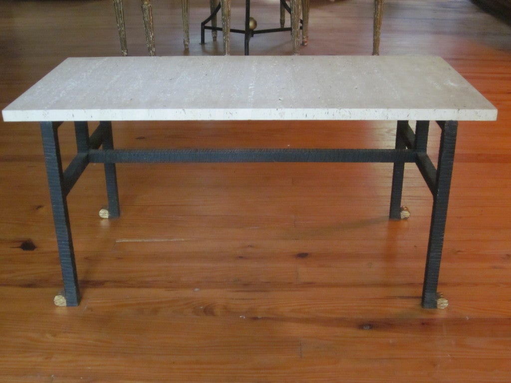 French Art Deco Cocktail Table in Wrought Iron and Travertine by Paul Kiss In Good Condition For Sale In New York, NY