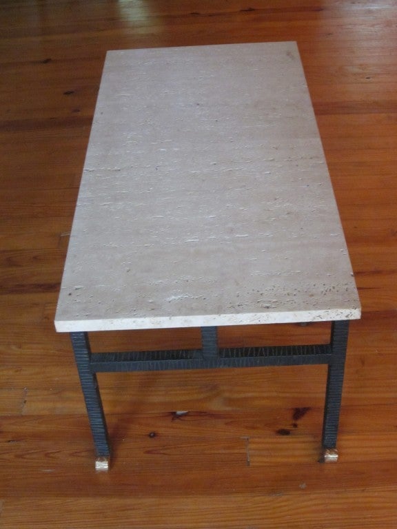 French Art Deco Cocktail Table in Wrought Iron and Travertine by Paul Kiss For Sale 1