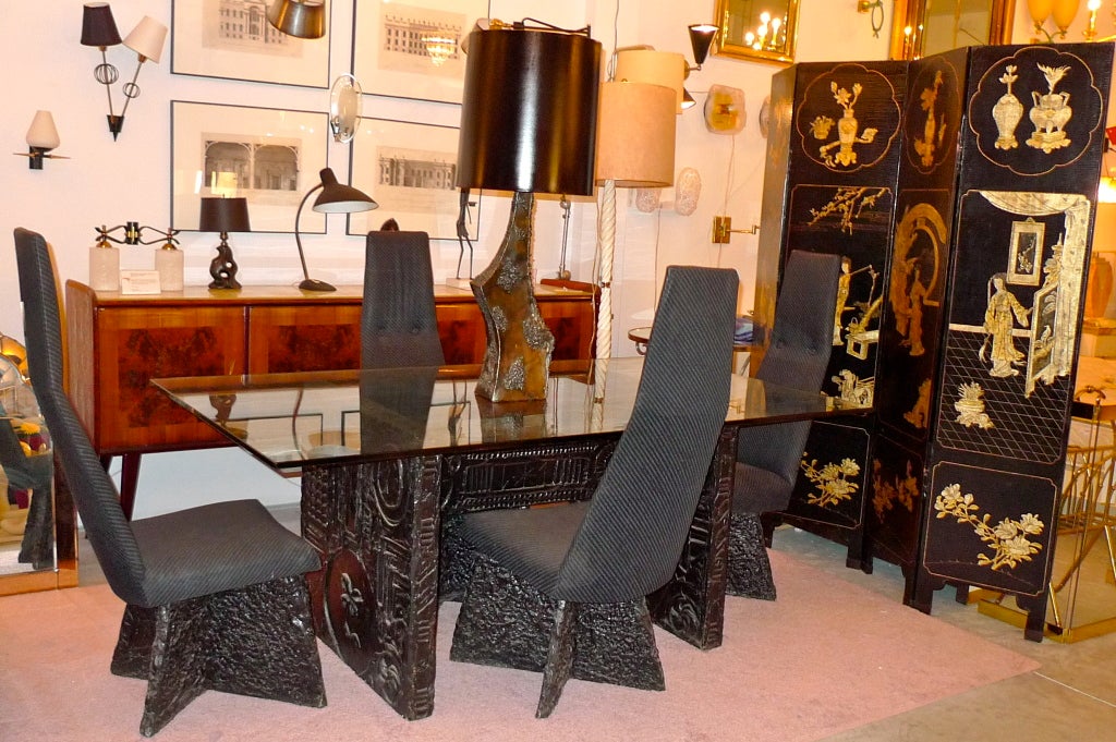 Stunning 6 foot coromandel black lacquer & gold leaf four panel double sided screen from the exotic modernism movement.