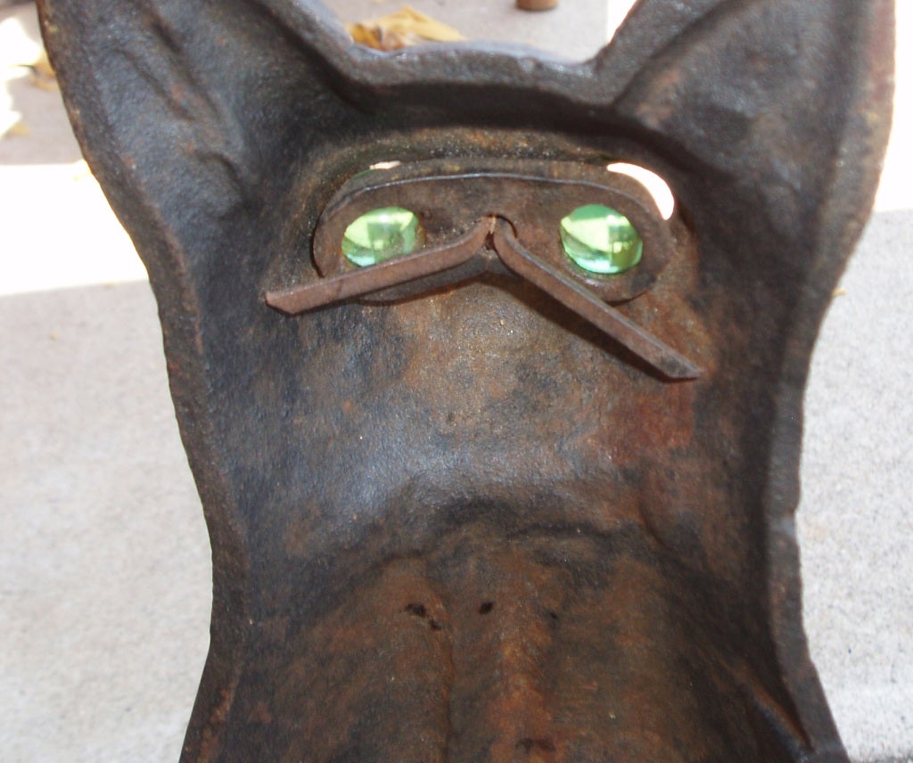 Mid-Century Cast Iron Cat Andirons with Green Glass Eyes 3