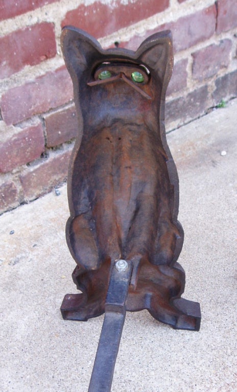 Mid-Century Cast Iron Cat Andirons with Green Glass Eyes 2
