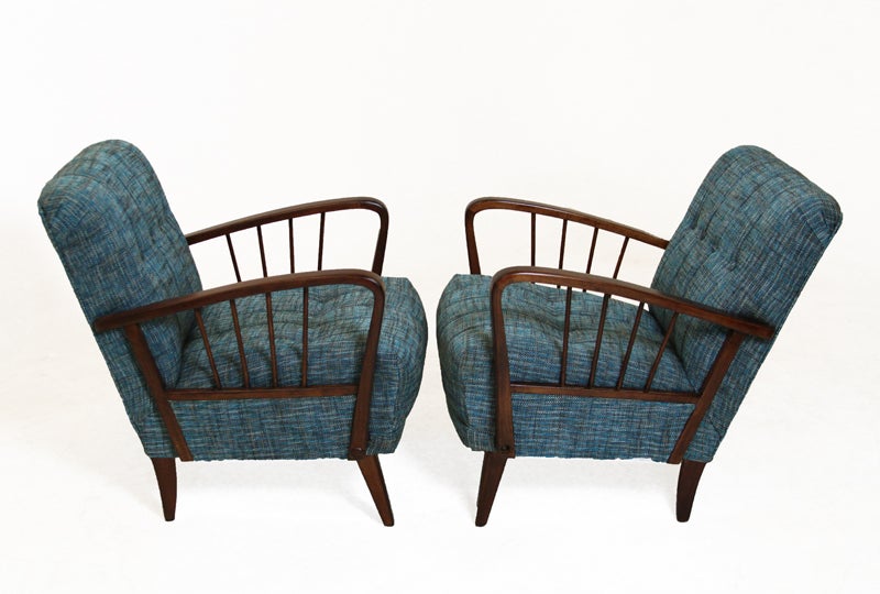 Danish Modern  Birch Spindle Armchairs with Tufted Teal Tweed Back In Good Condition For Sale In Los Angeles, CA