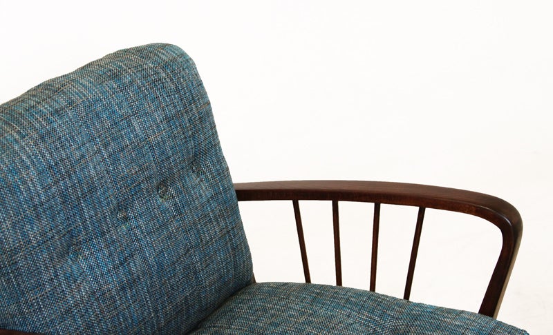 Danish Modern  Birch Spindle Armchairs with Tufted Teal Tweed Back For Sale 1