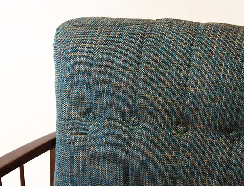 Danish Modern  Birch Spindle Armchairs with Tufted Teal Tweed Back For Sale 2