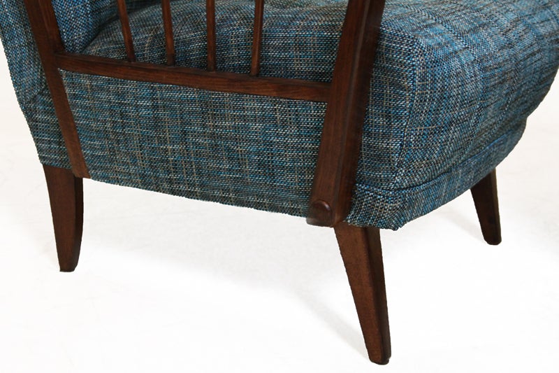 Danish Modern  Birch Spindle Armchairs with Tufted Teal Tweed Back For Sale 3