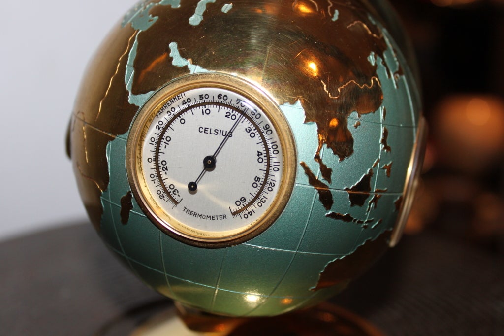 Brass Figural World Globe Clock Weather Station by Angelus