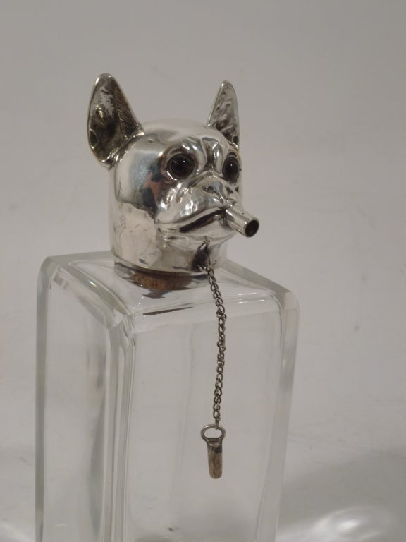 Pair Austrian Square Glass Decanters with Dogs Head Stoppers 1