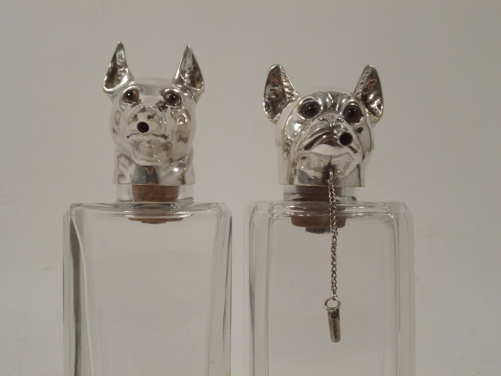 Pair Austrian Square Glass Decanters with Dogs Head Stoppers 2