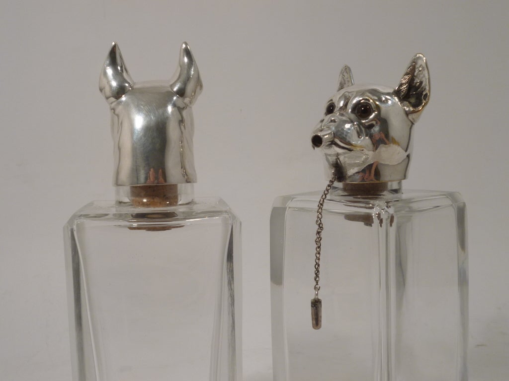 Pair Austrian Square Glass Decanters with Dogs Head Stoppers 3