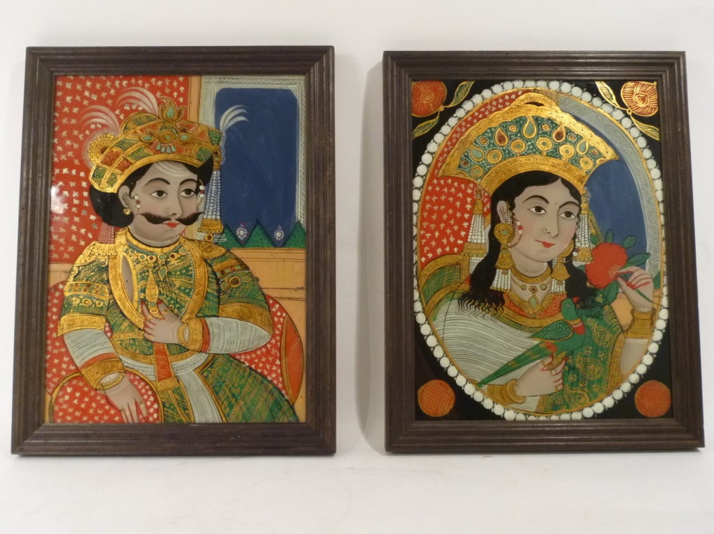 Set of 6 Indian Hindu Reverse glass Paintings from the Shekhawati School of Rajasthan,depicting mythological stories and epics such as the Ramayana and the Mahabharata to the local legends of battles and hunts - early 20th C