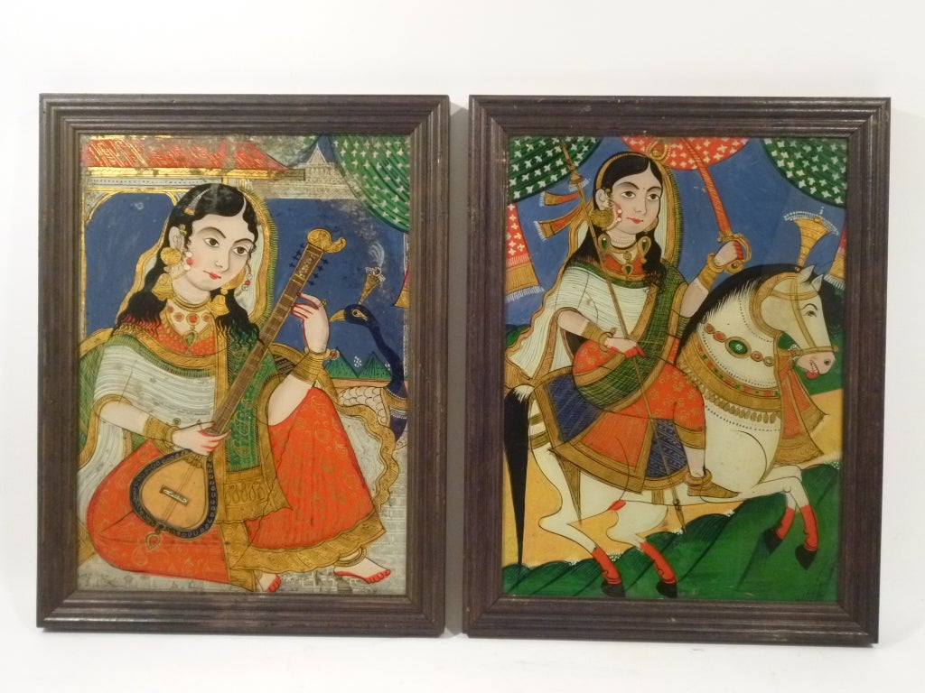 Set of 6 Indian Shekhawati school reverse glass paintings 2