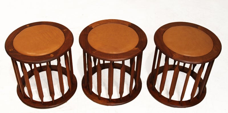 A single California Craftsman stool with Walnut base and inset caramel leather top, this stool has 4 beautifully crafted joints. The stool will also work as a side table.

Many pieces are stored in our warehouse, so please click on CONTACT DEALER
